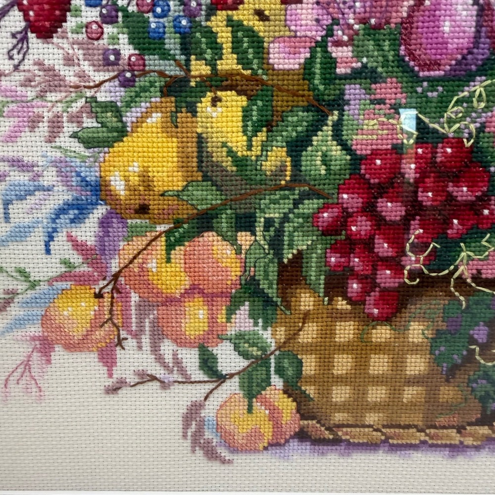 Vintage 1994 Framed Cross Stitch Fruit Basket Floral Embroidery Gold Frame 22.5" - Picture 6 of 11